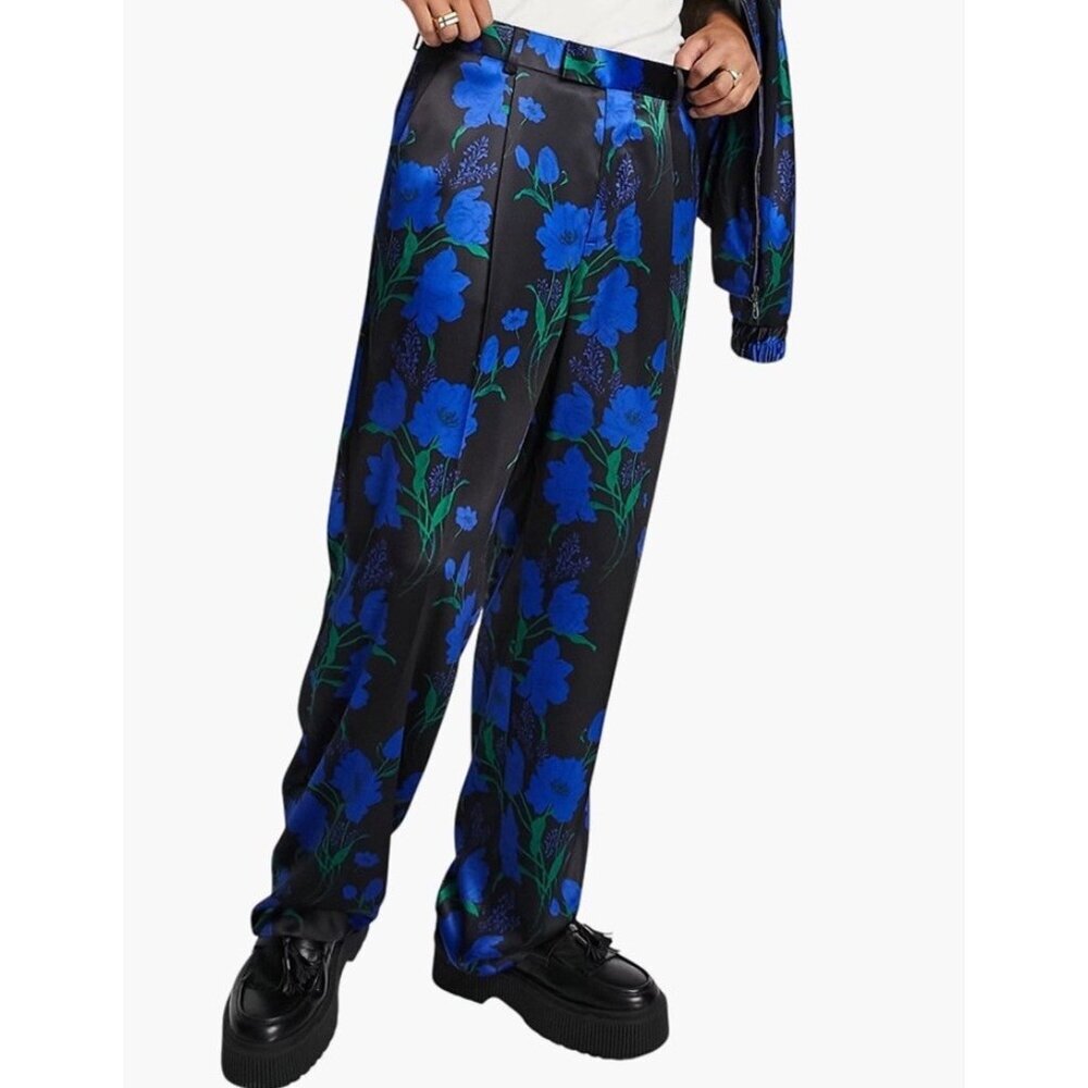 Asos Blue Black Floral Satin Wide Leg Trousers Dark Romantic Men’s Sz 28 X 30